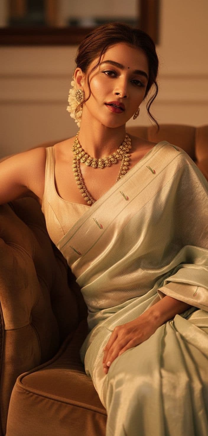AI generated: Make her wear a gold chain sitting on a couch qith full hotness overloaded .. curves should be more ...