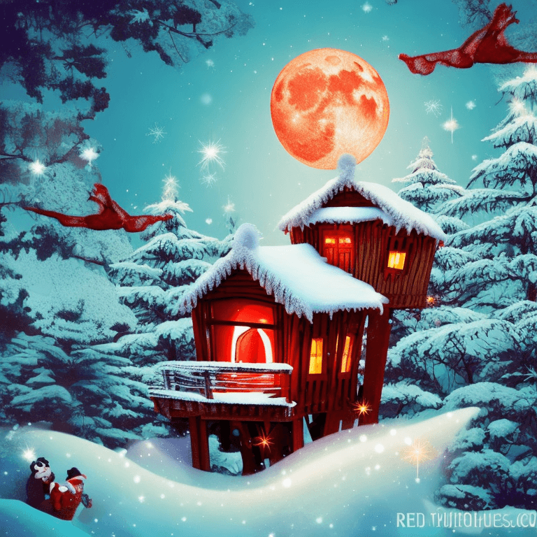 AI generated: A tree house, red filter, lots of snow, floating bright lights, Santa Claus flying next to a moon, m...