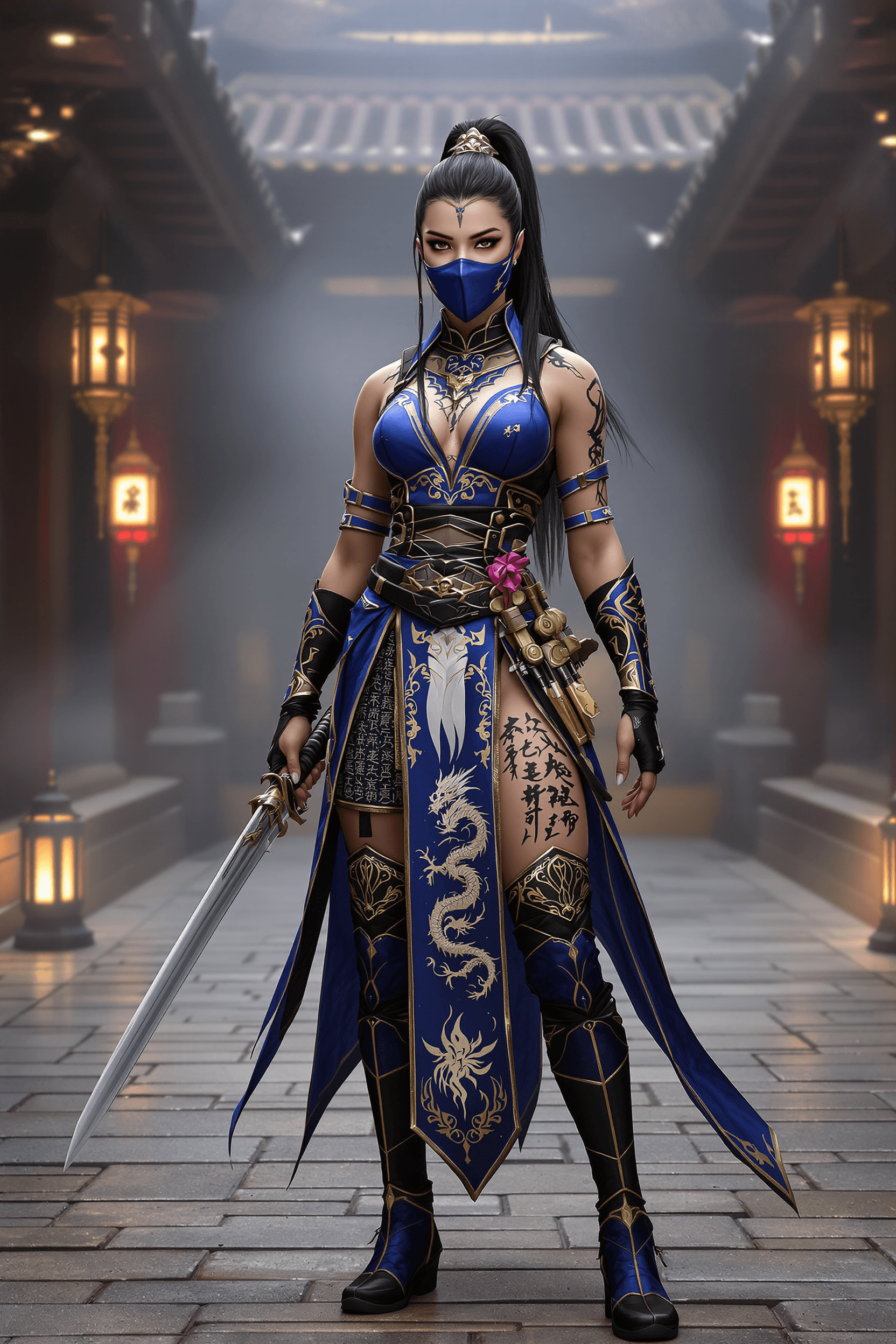 AI generated: An ultra-realistic, full-body portrait of Kitana from Mortal Kombat, standing in a strong, battle-re...