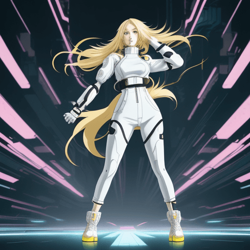 AI generated: a full body anime style illustration of a woman with blond long hair, in a dynamic pose wearing whit...