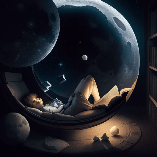 AI generated: there is a woman laying on a moon with a book shelf, sitting on a moon, in the moon, kid lit, themed...