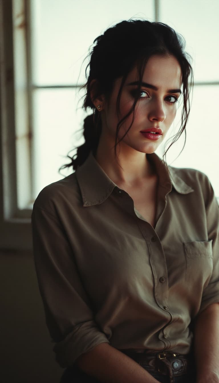 AI generated: 70's Polarized photo , Jennifer Connelly,ponytail hairstyle, feeling sad.