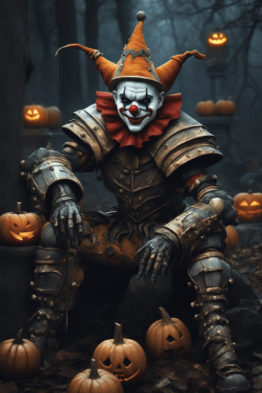 AI generated: spooky very cruely and creepy futuric scifi  clown jester with high detail armor,different fullbody ...