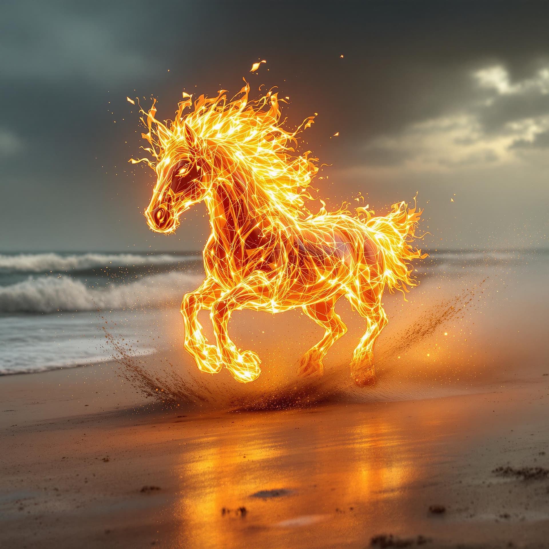 AI generated: In the style of Jacek Yerkn, a flaming horse running through sand and surf. Surreal, psychedelic, ci...