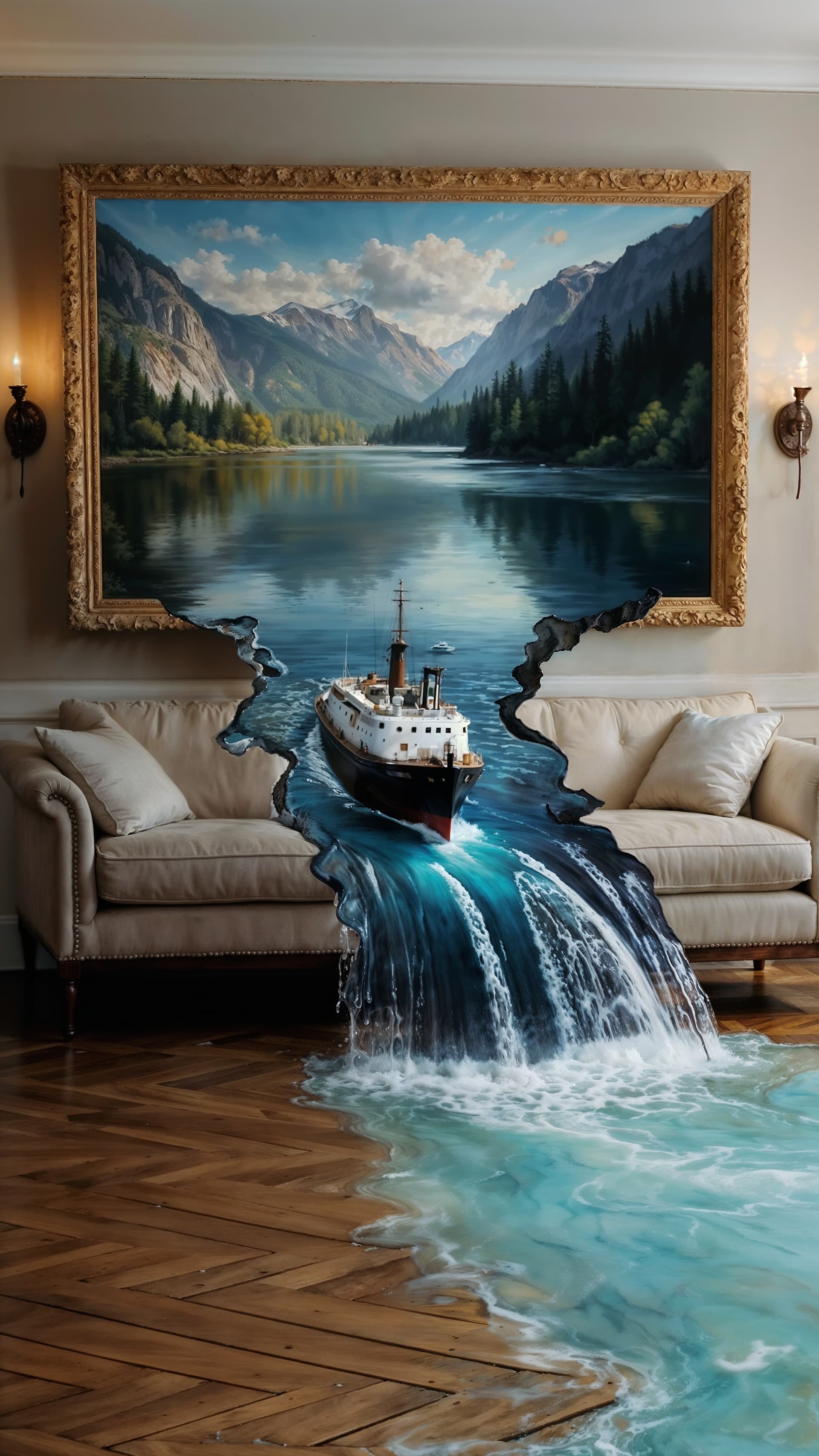 AI generated: A surreal photograph of a river floating out of an oil painting on a living room wall and spilling o...