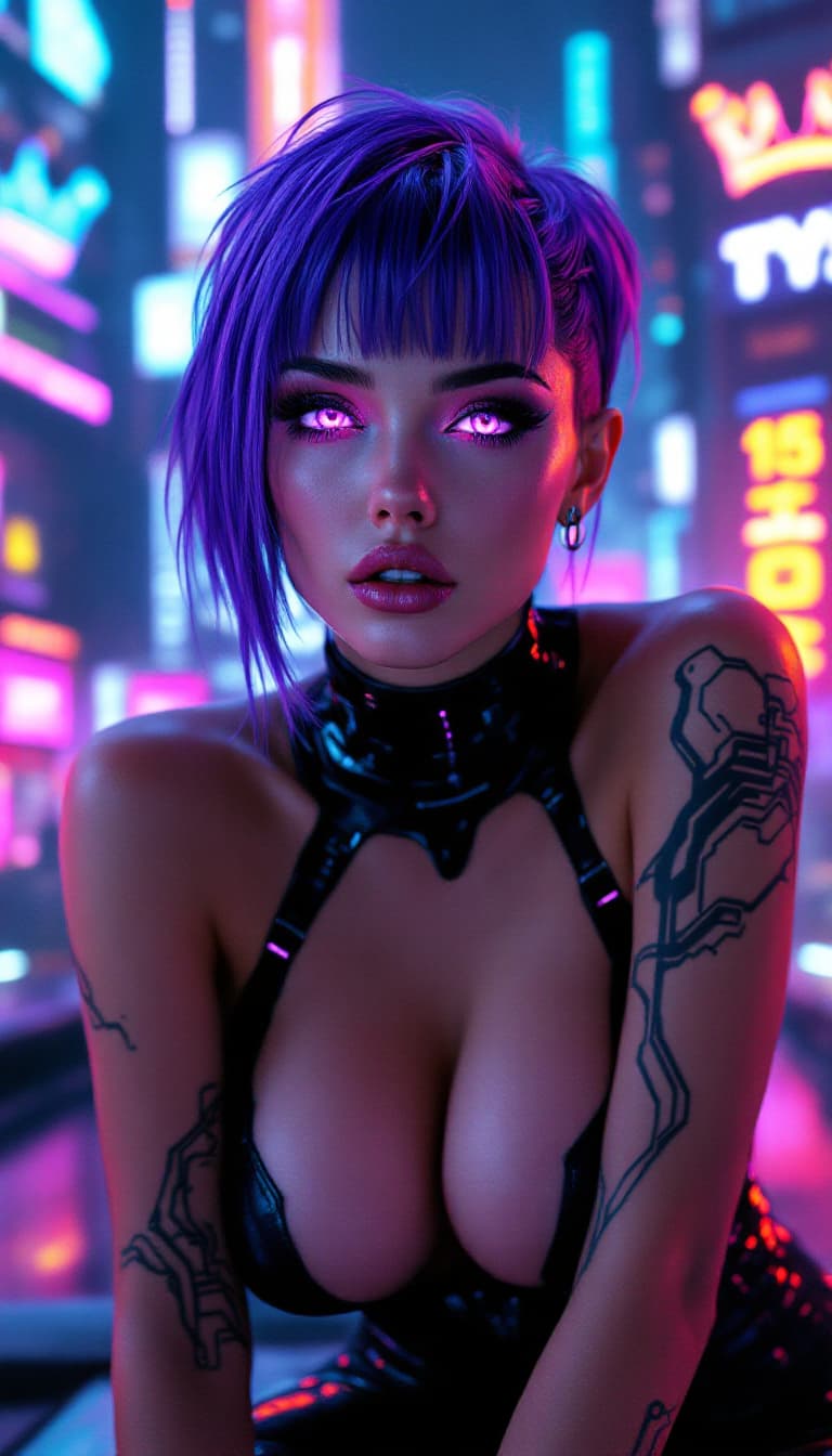 AI generated: A hyper-realistic portrait of a female cyberpunk courtesan with skin that seems to shimmer with neon...