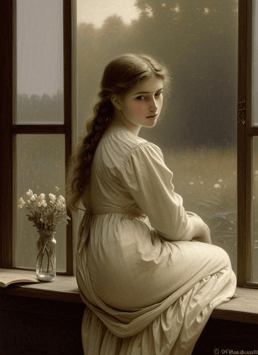 AI generated: WILLIAM ADOLPHE BOUGUEREAU oil painting masterpiece, beautiful young blonde woman with her back comp...