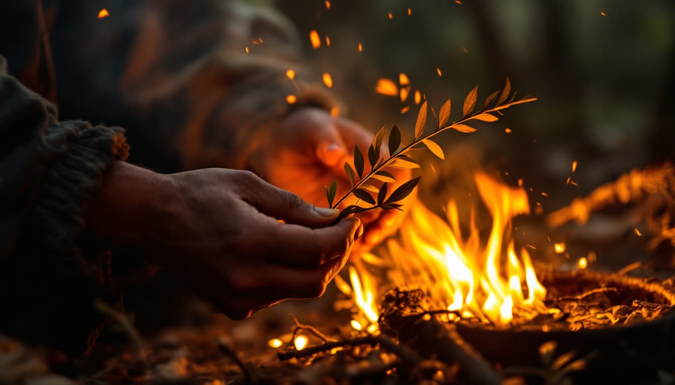AI generated: Burning sacred alder leaves to pray for rain and fertility.

. Native Americans are gathered. soft d...