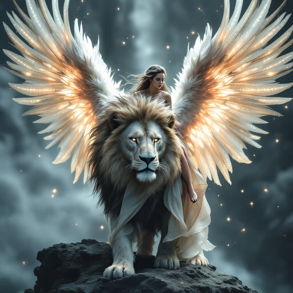 AI generated: A full body photo shot of an angelic mythical lion with outstretched feathery wings with glowing int...