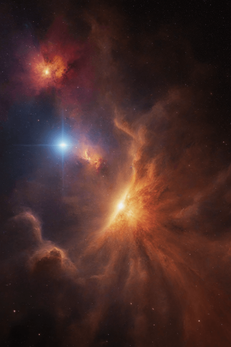 AI generated: A dense nebula filled with glowing gas clouds of red, orange, and yellow hues, illuminated by a near...
