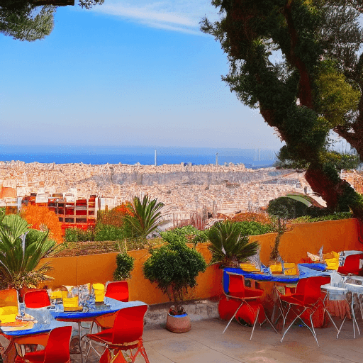 AI generated: Barcelona skyline, SAGRADA FAMILIA ,Mahou, sun and beach, orange, yellow and red colors, terrace wit...