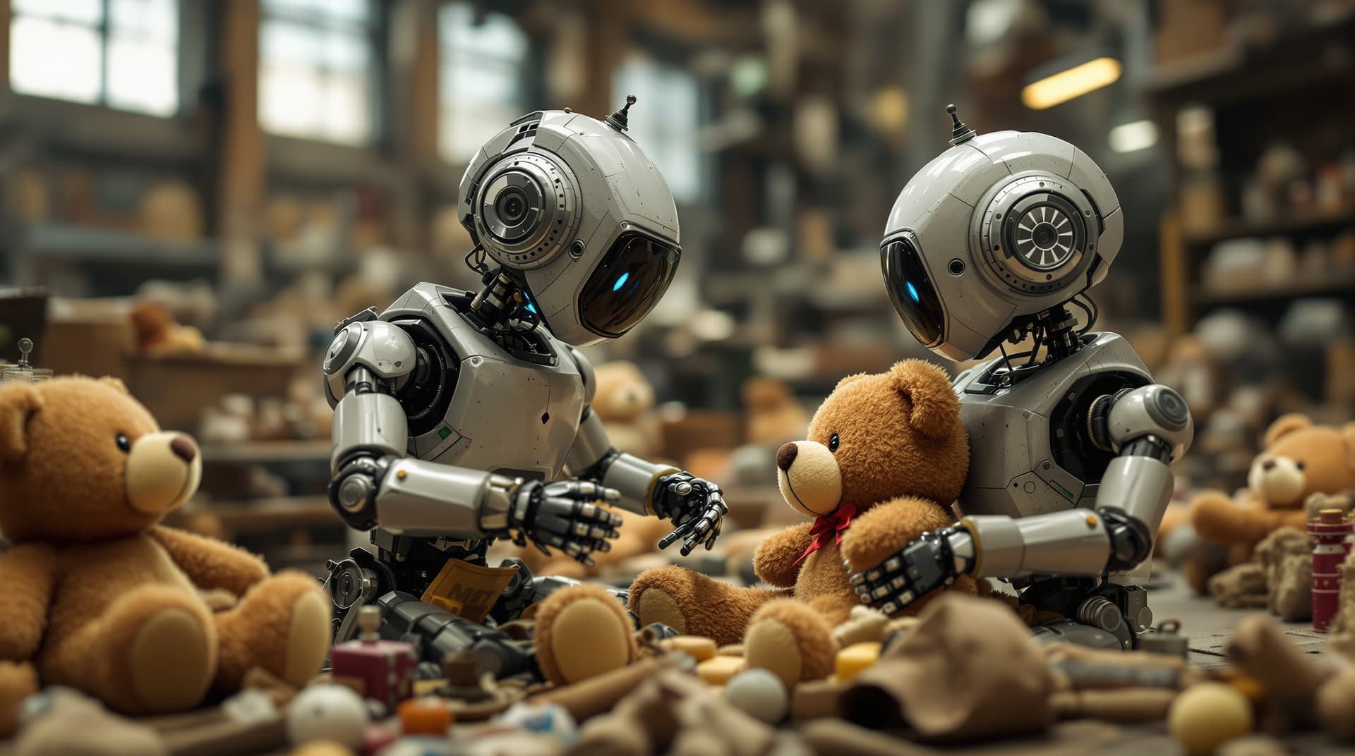 AI generated: robots playing with teddy bears in  an old toy factory,image is in close up view