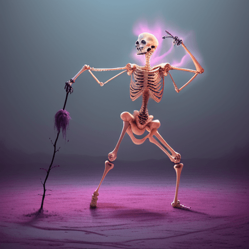 AI generated: a tall twist dancing skeleton dressed in fur and lace dancing like Elvis has a long stick in his sku...