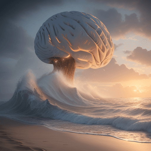 AI generated: imagine a large brain emerging from the sand bathed by the waves crashing on the shore, the waves re...