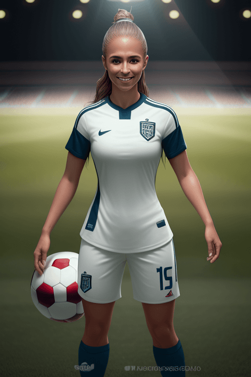 AI generated: professional sports athletic woman dressed as soccer player, soccer ball, smiling, football pitch in...