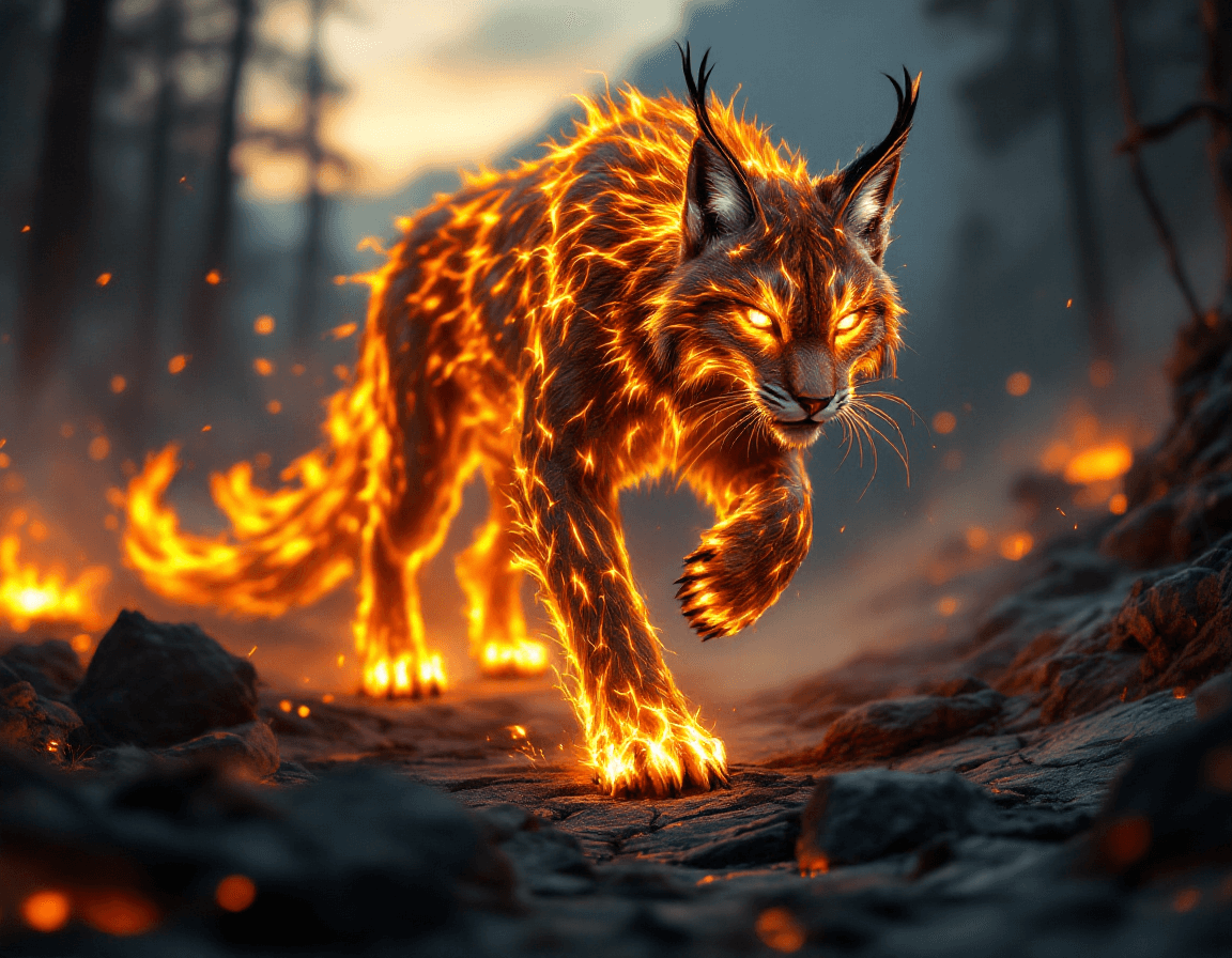 AI generated: A fearsome, fire-infused lynx prowls through a scorched alpine forest at dusk. Its muscular form is ...