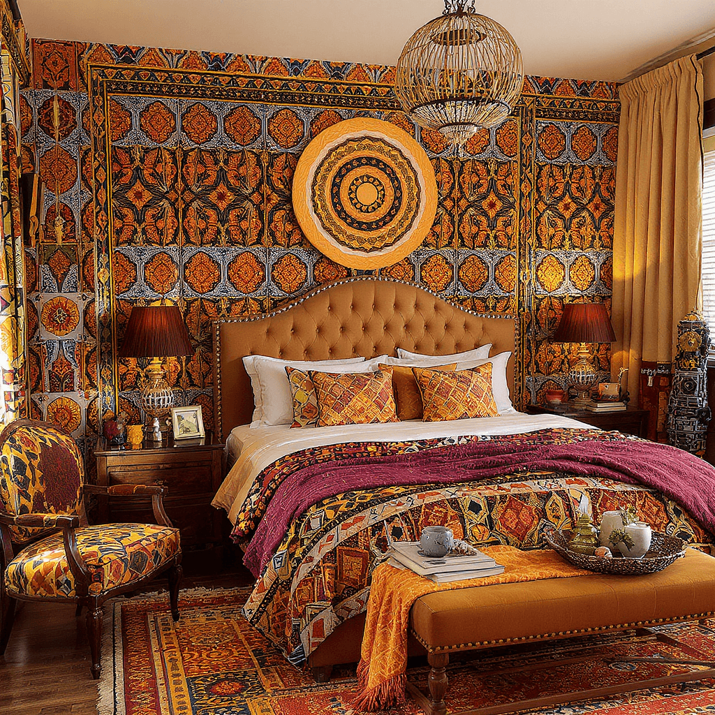 AI generated: an african themed bedroom declorated in ankara patterns


