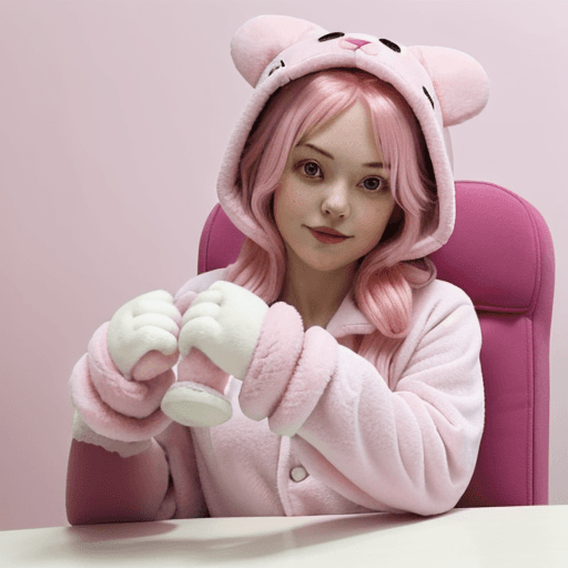 AI generated: pink haired girl wearing pink onesie pajamas and mittens, in high chair