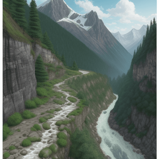 AI generated: Mountain,narrow lane,cliff,small river
