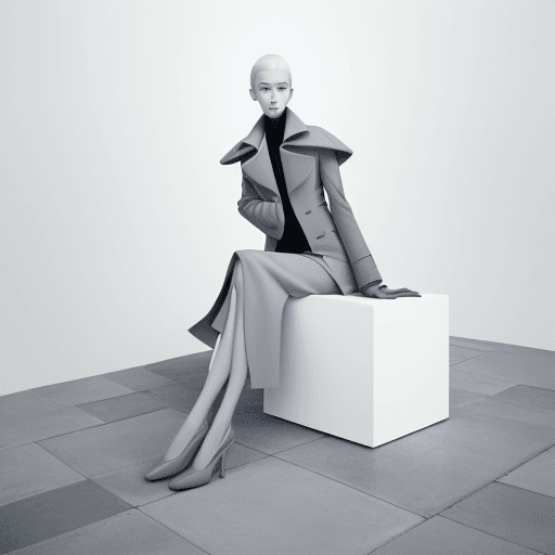 AI generated: a woman sitting on top of a white cube, official jil sander editorial, blue and grey tones, trending...