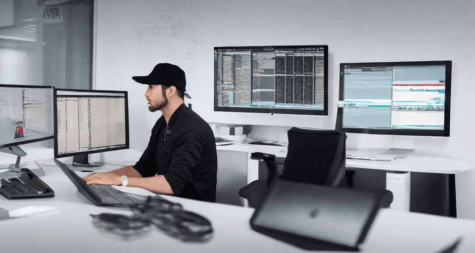 AI generated: a day trader wearing a bull cap, 4K, officee, very realistic, room with several computers, very shar...