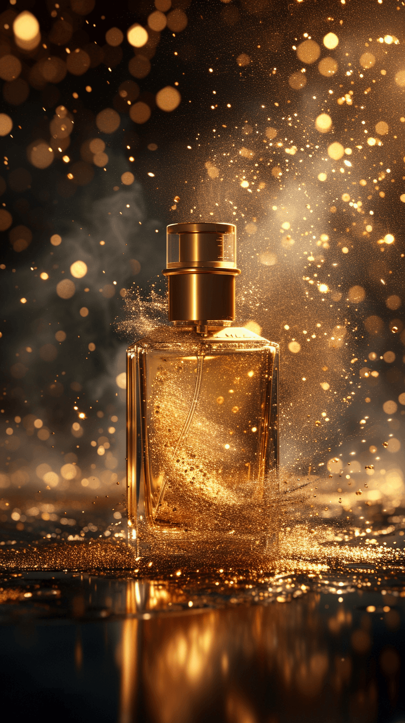 AI generated: Commercial photography, powerful explosion of golden dust,luxury parfum bottle,yellow sunray, studio...