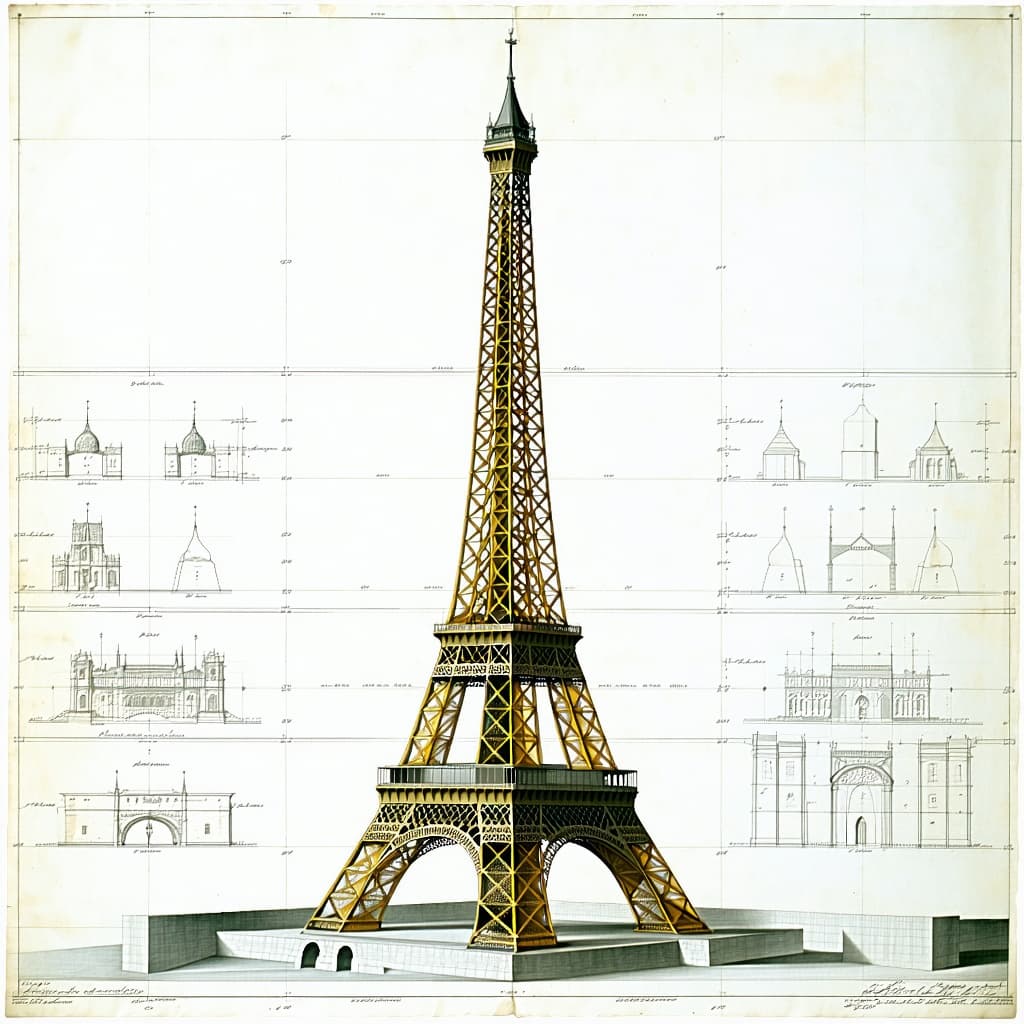 AI generated: Diagramatic drawing of the structure of the Eiffel Tower --ar 1:2 --stylize 750 --v 7