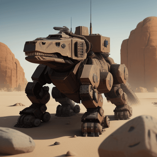 AI generated: A battle robot with the bio of a t-rex ,electronics ,in desert with rocks and stones,machinegun in r...