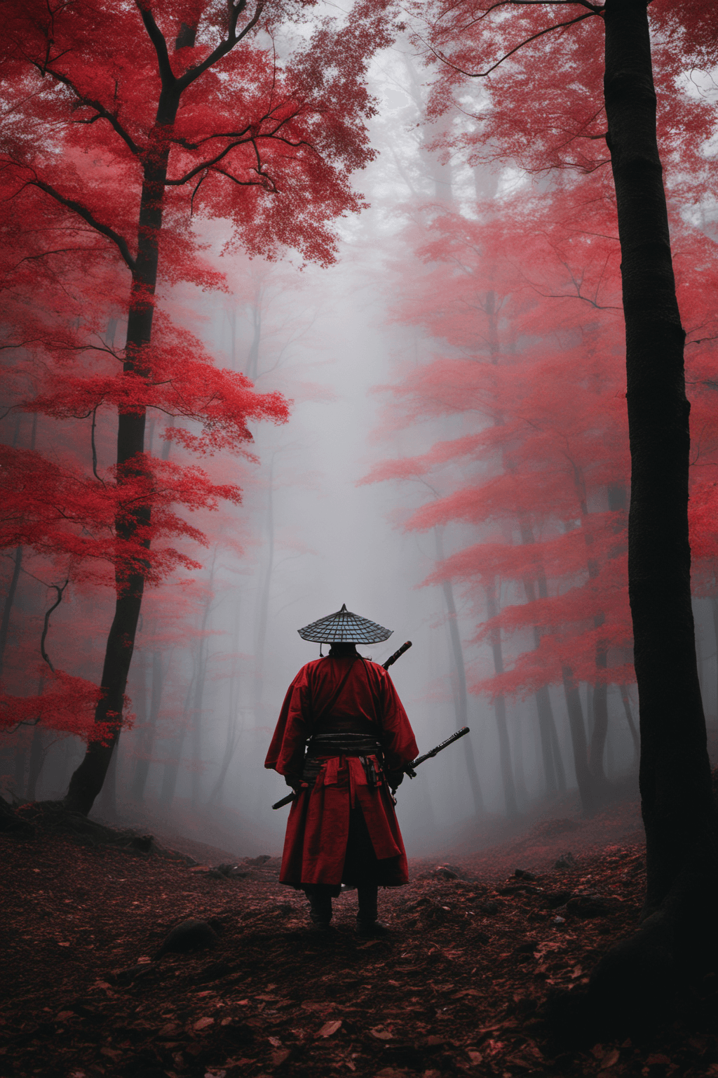 AI generated: a lone samurai standing in a red maple forest, foggy background, cinematic shot, 35mm lens, highly d...