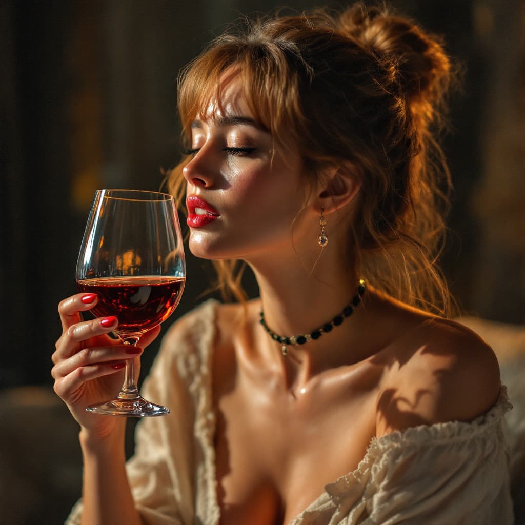 AI generated: pretty female, a glass of wine,, drunk.