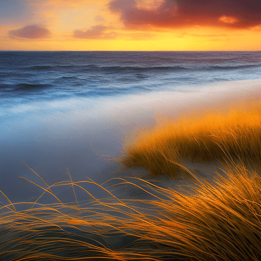 AI generated: Ultrawide, « Baltic Sea » with golden ratio style, 4K , foreground is beach grass, light is Golden h...