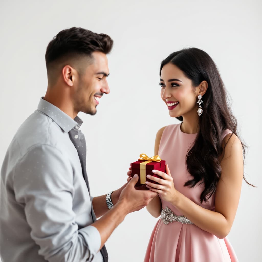 AI generated: A luxurious proposal moment captured on a clean white background. The scene shows a man on one knee ...