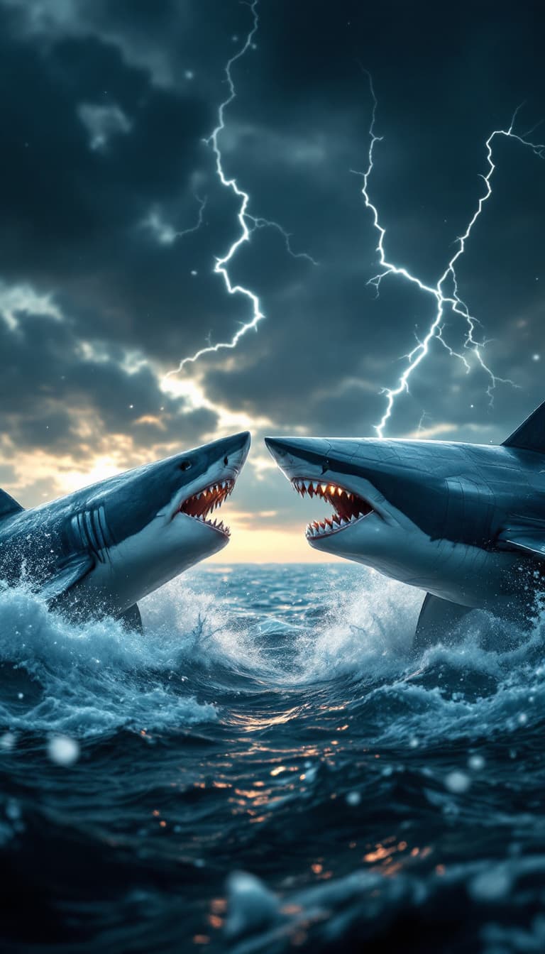 AI generated: A dramatic scene showing a great white shark and a sleek jet fighter facing each other as if prepari...