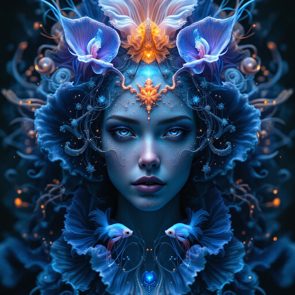 AI generated: Goddess close-up portrait ribcagel. jellyfish phoenix head, nautilus, orchid, skull, betta fish, bio...
