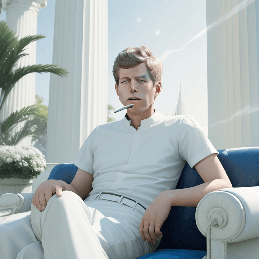 AI generated: John Kennedy sitting on a couch, White city, bright, pillars, purity, plants, flowers, blue sky, sta...