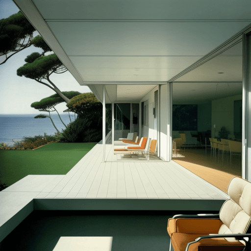 AI generated: Hyper realistic eye level exterior photo of a mid century modern style house overlooking the ocean, ...
