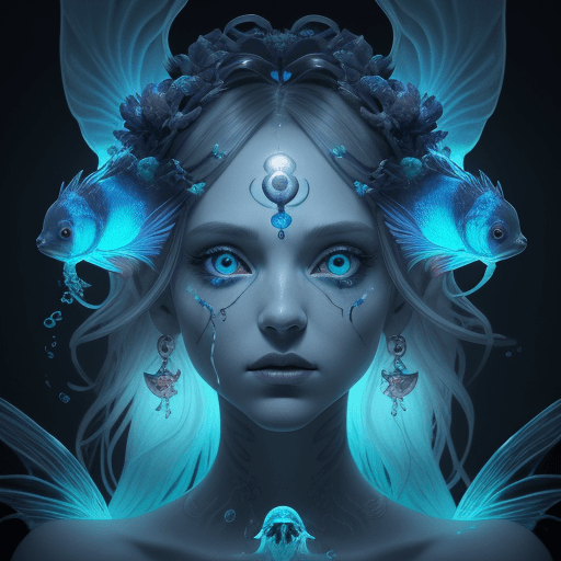AI generated:  Goddess close-up portrait showcases a stunning combination elementsid, skull, betta fish, and biolu...