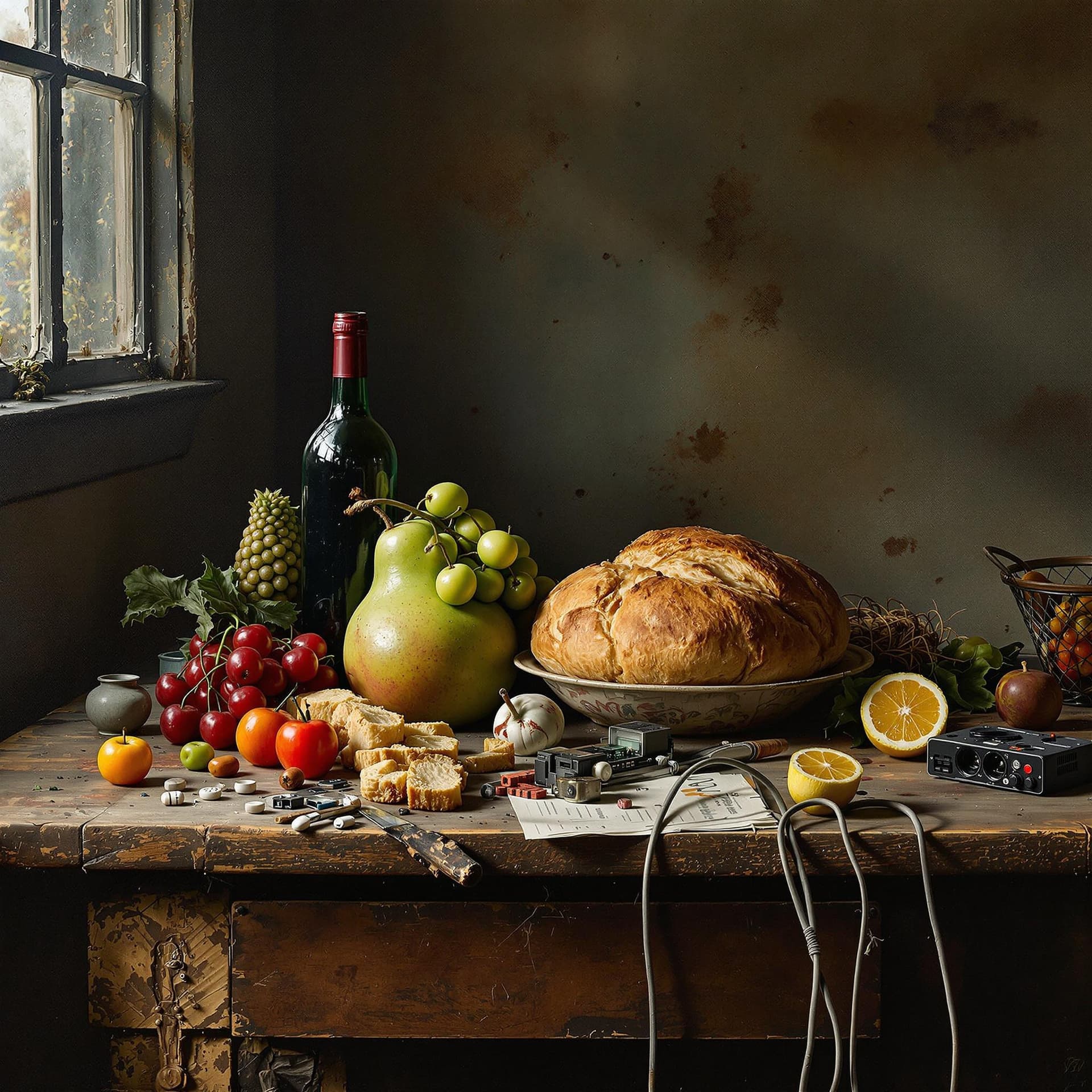 AI generated: A still live some large fruit and bread an empty wine bottle and some electronic parts, cables and c...