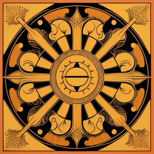 AI generated: SUN SYMBOL In the style of intricate woodcut prints, a colorful, symmetrical compos