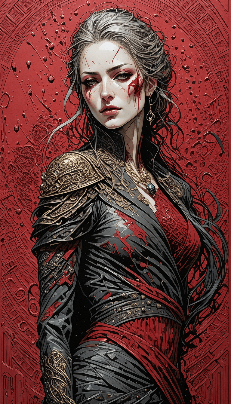 AI generated: highly detailed linework reminiscent of Carne Griffiths, imbued with Wadim Kashim's bold color and t...