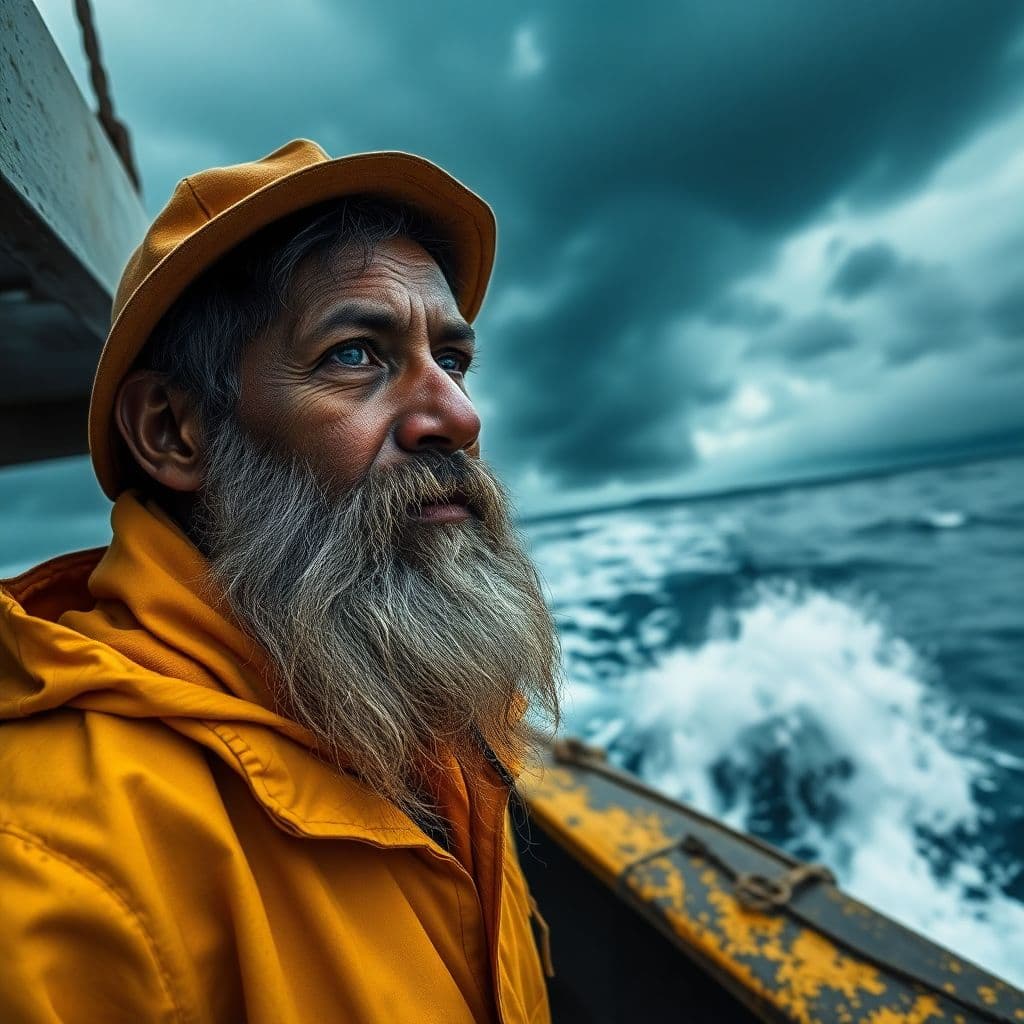 AI generated: A weathered Indian fisherman in his early 60s stands on the deck of his boat, gazing out at a stormy...