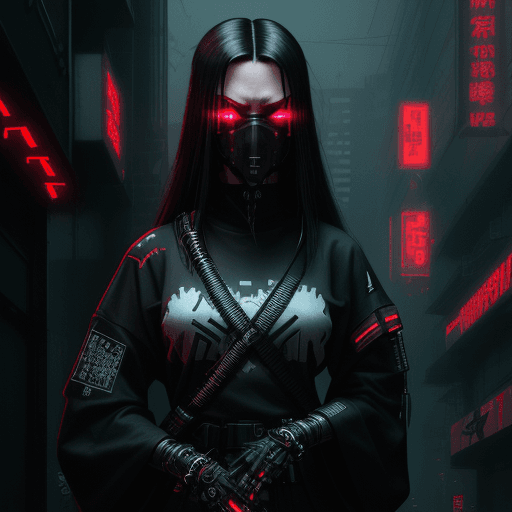 AI generated: High resolution, cyberpunk, female, sci-fi katana, long dark hair, streetwear, cybernetic eyes, poor...