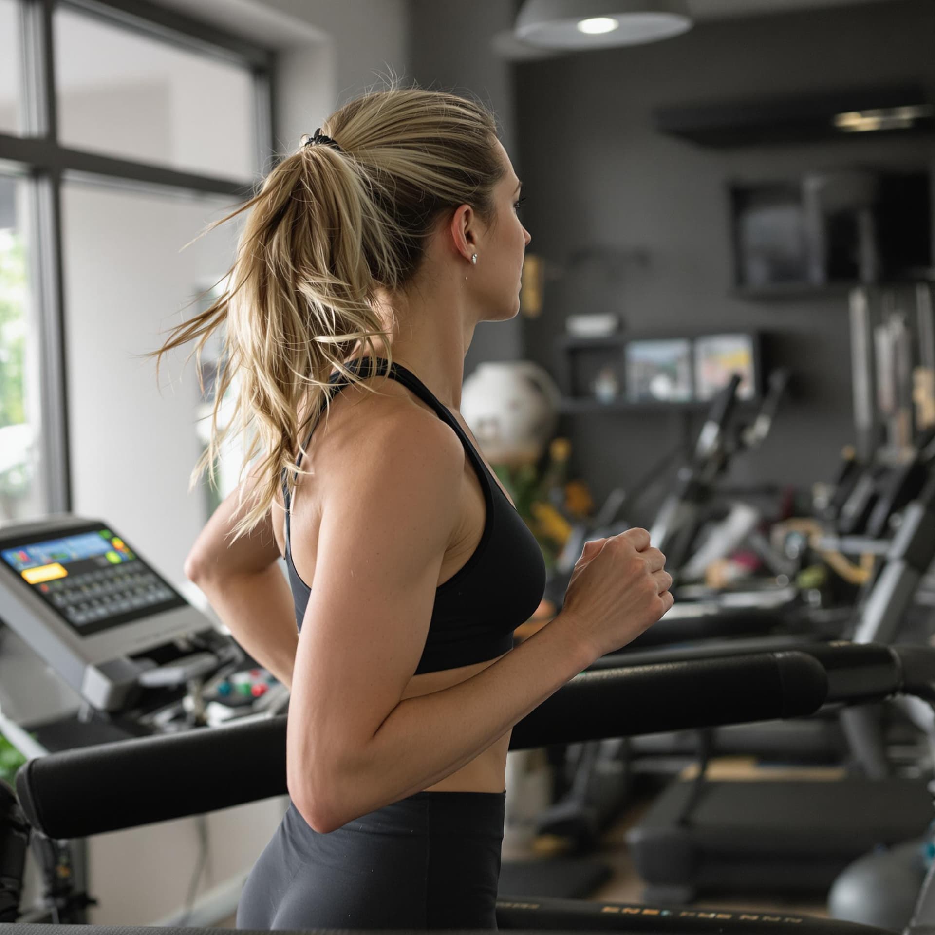 AI generated: A woman is running on a treadmill. She is wearing a black sports bra and her hair is pulled back in ...