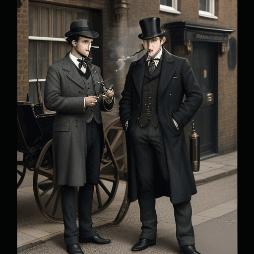 AI generated: a photograph of Sherlock Holmes smoking a pipe outside his home on Baker Street and looking at us wi...