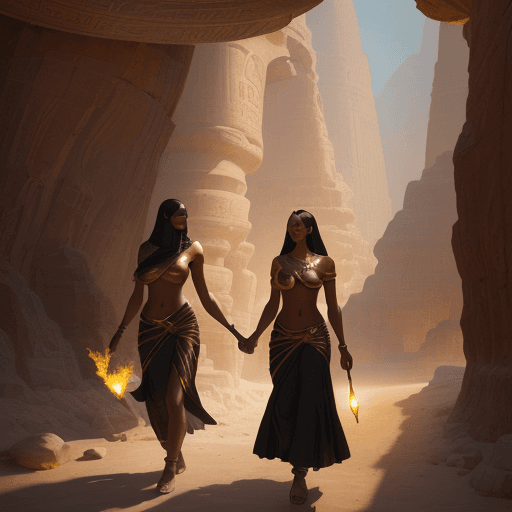 AI generated: new art : landscape into a Underground oasis in egypt with two woman with torches. satara by johnny ...