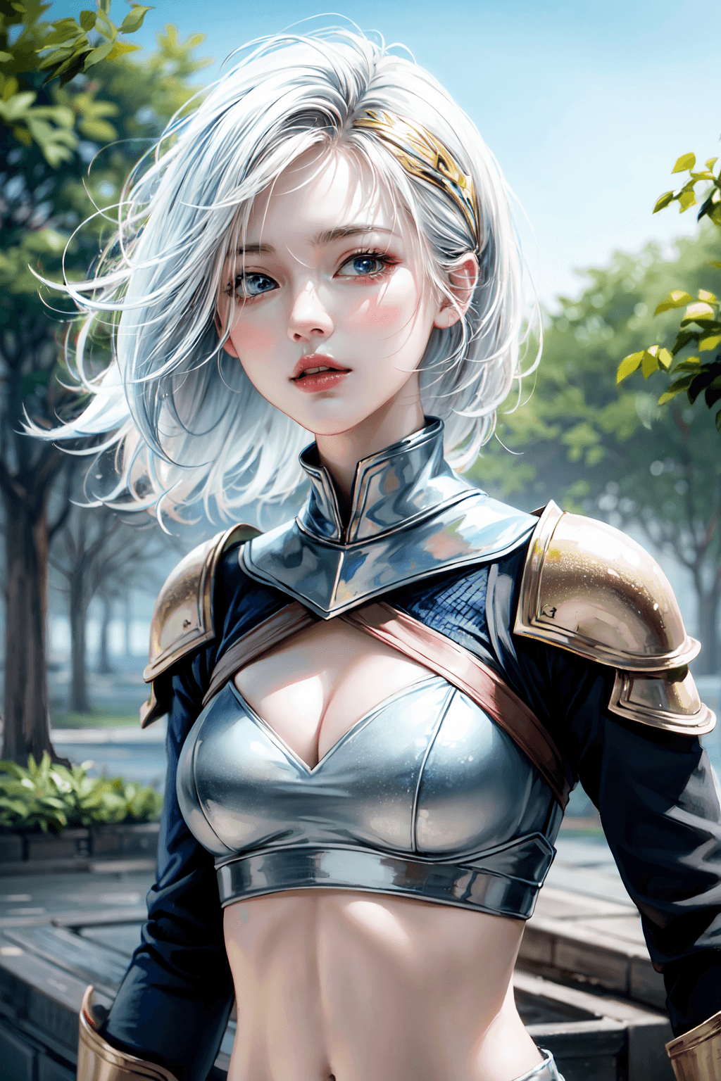 AI generated: white hair, intricate azure armor, detailed gorgeous face, beautiful young South Korean girl, medium...