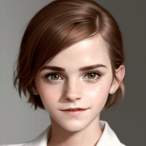 AI generated: Emma Watson, Extreme close-up face, symmetrical face,embarassed smile, look down.
