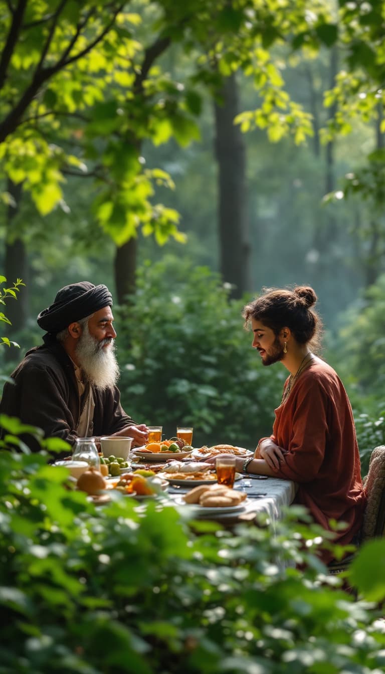 AI generated: Location: A dreamy garden in the verdant forests of northern Iran, with the sound of waterfalls and ...