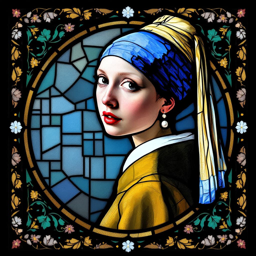 AI generated: Girl with a Pearl Earring::1 in the style of stained glass window::0.5, art nouveau