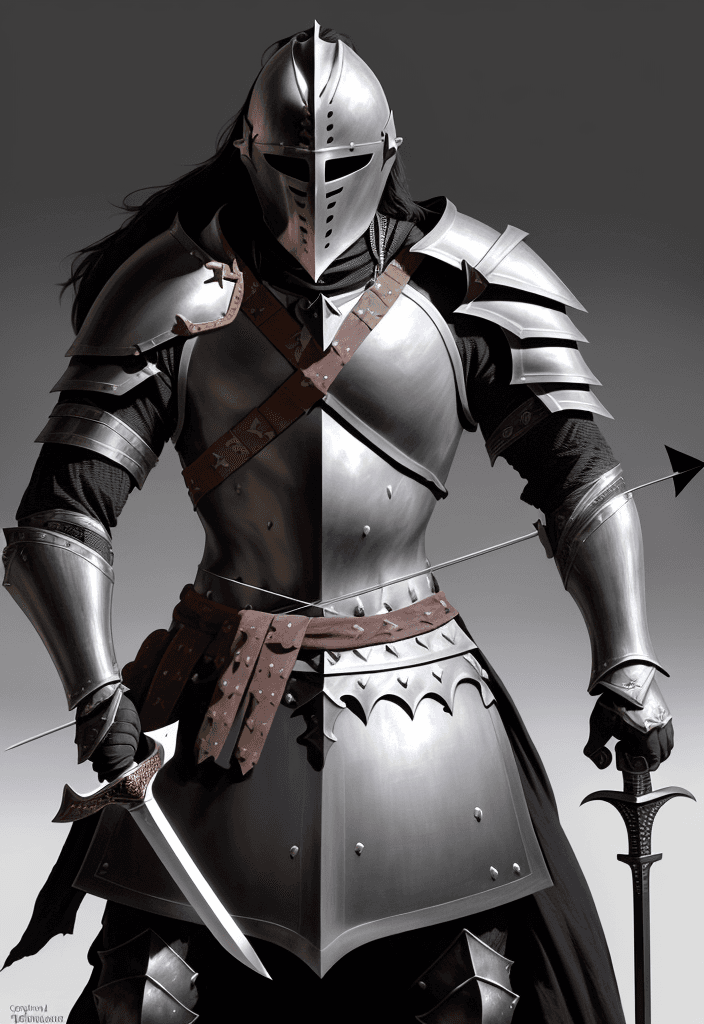 AI generated: rhadhan: a knight with a hole in his black armor in the heart position, with a slightly larger than ...